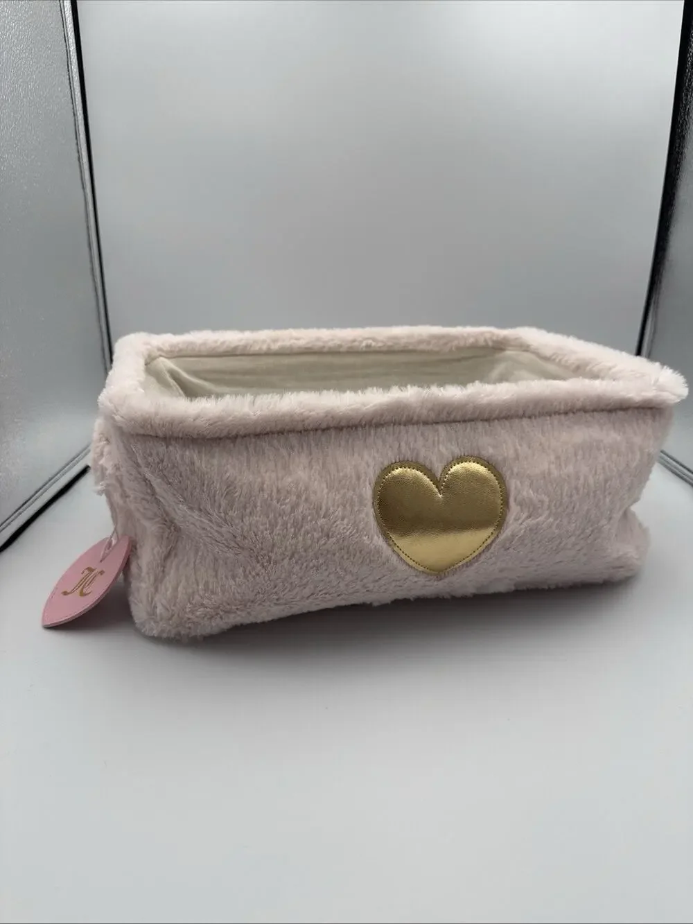 Juicy Couture Home Pink Faux Fur Storage Basket Bin Gold Heart NWT